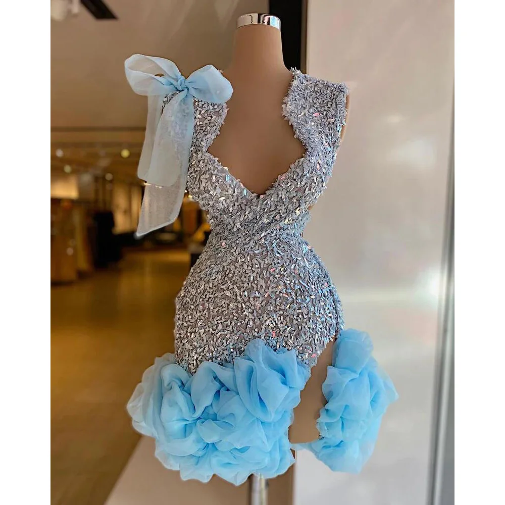 Glitter Sky Blue Tulle Mini Abiti Da Cocktail Pretty V Neck Tulle Flowers Short Prom Party Dress Bow Abiti Da Cocktail Personalizzati