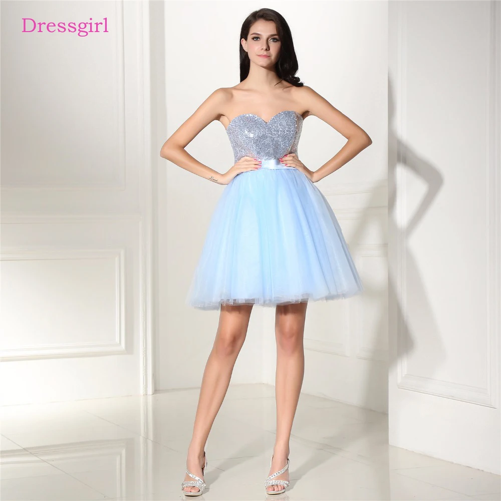 Real Photo Sky Blue Homecoming Dresses A-Line Sweetheart Short Mini Tulle Paillettes Eleganti Abiti Da Cocktail