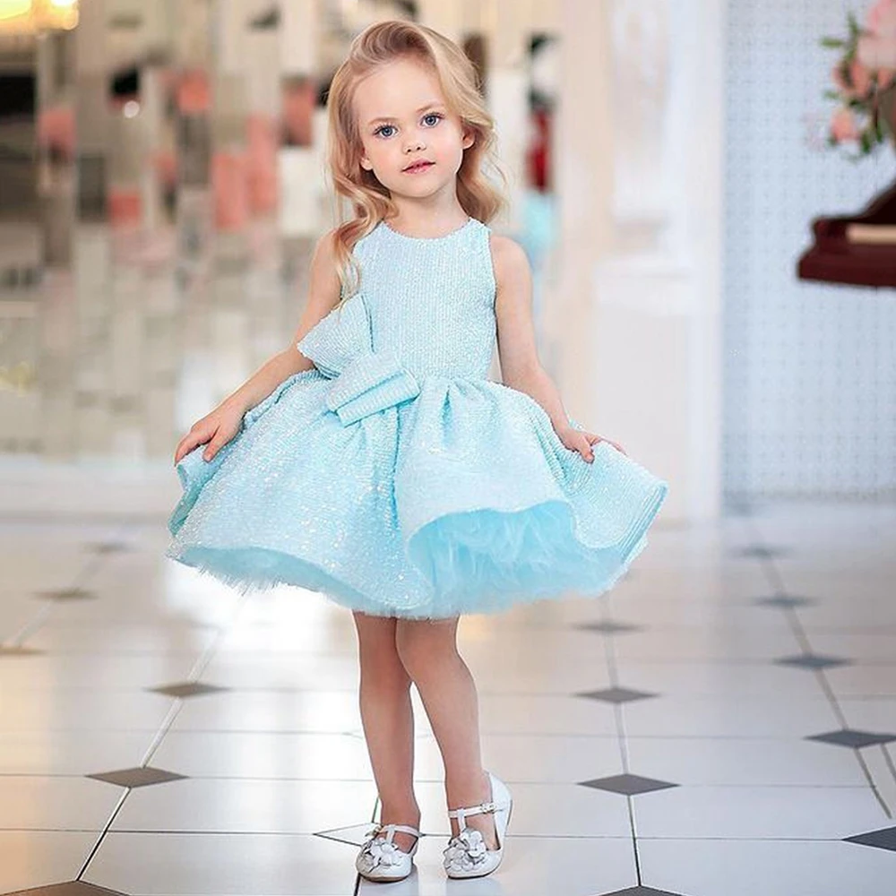 Cute Sky Blue Paillettes Flower Girl Dress O-Collo Ball Gown Bow Pageant Gown Mini Baby Girl Wedding Party Dress Robe Princesse Fille