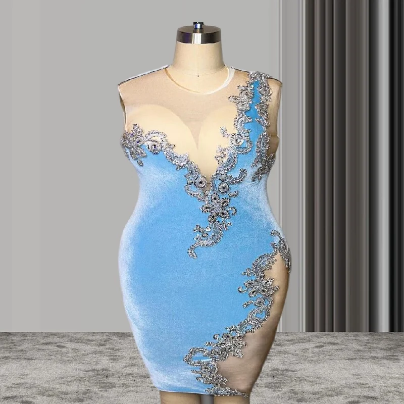 Sky Blue Velvet Short Prom Homecoming Dresses Big Girl Plus Size Crystal Applique Birthday Gown Vestidos De Noche Muslimex Squarts