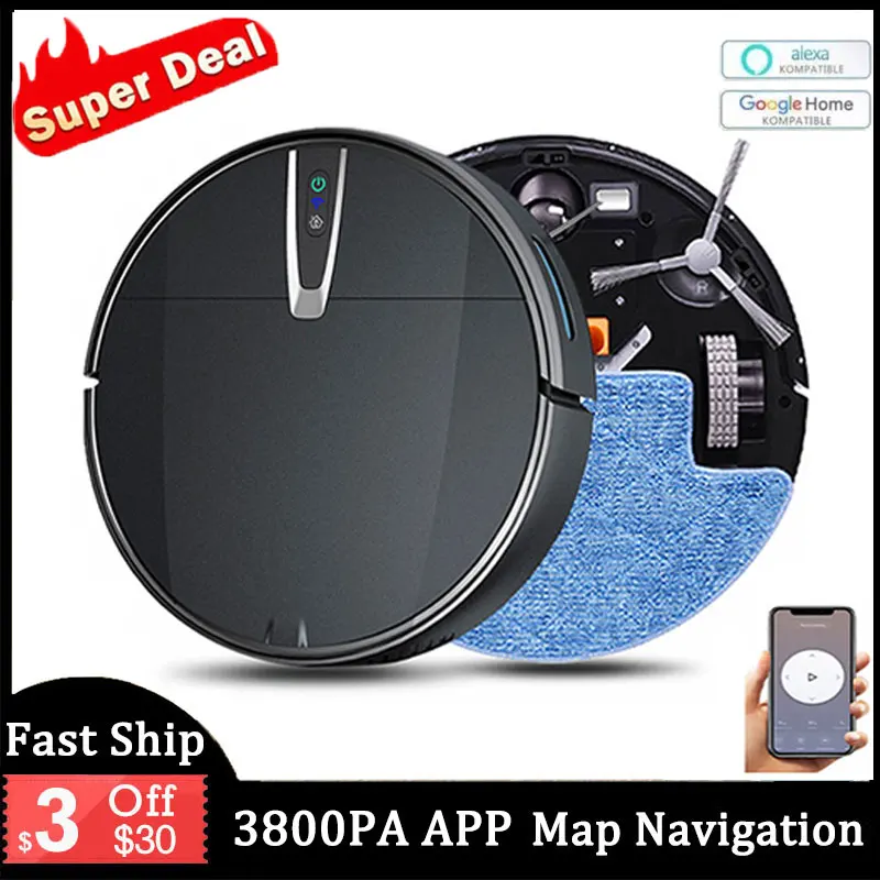 Robot Aspirapolvere Smart 3800Pa Wireless Wifi Telecomando Autocarge Spazzatrice Pulizia Del Pavimento Aspirapolvere Secco E Umido