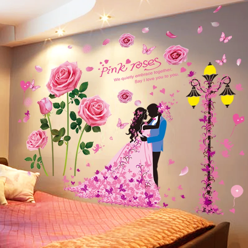 Pink Color Roses Flowers Wall Stickers Decor Diy Street Light Couples Wall Decals For Lovers Bedroom Wedding Home Decoration