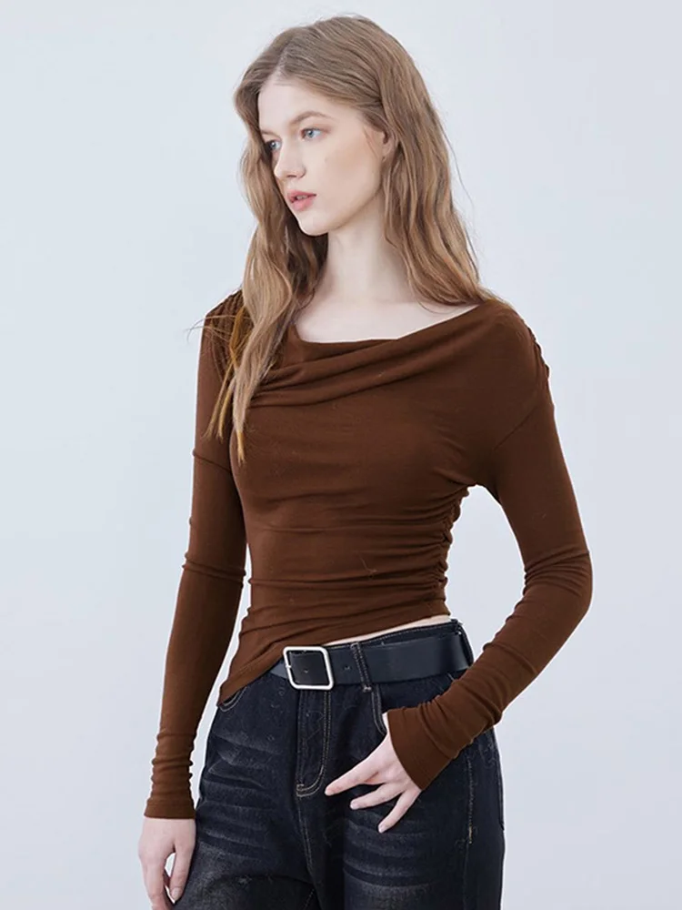 Autunno Donna Semplice Swing Slash Collar Manica Lunga Solid Slimfit Camicetta A Pieghe Camicetta Irregolare Casual Harajuku