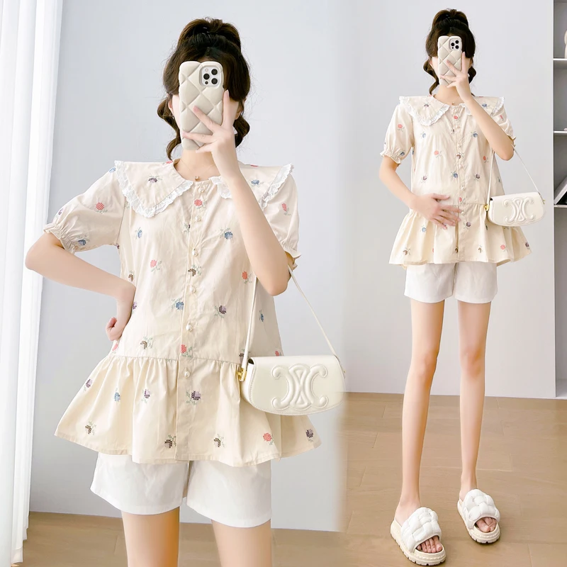 Stampa Simpatici Vestiti Estivi Premaman Set Da 2 Pezzi Colletto Peter Pan Ruffles Monopetto Top E Pantaloncini Abiti Da Gravidanza M-Xxl
