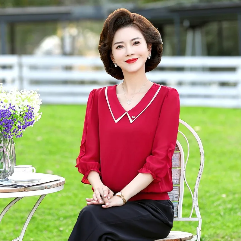 Summer Women Elegant Chiffon Shirits Blouses Doll Collar Short Sleeve Casual Ladies Ruffled Three-Quarter Sleeves Tops Blusas