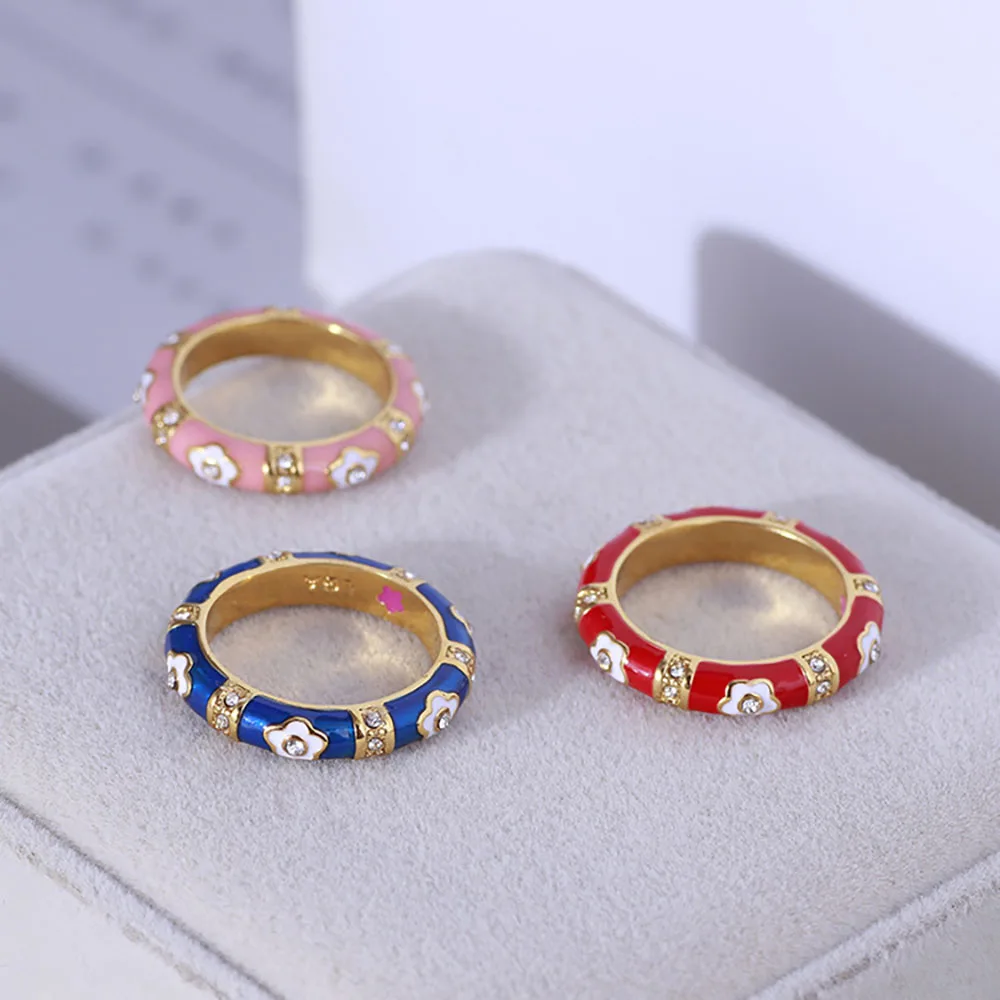 Donne Cloisonne Glaze Floral Rings Real Gold Plated Entry Lux Jewelry