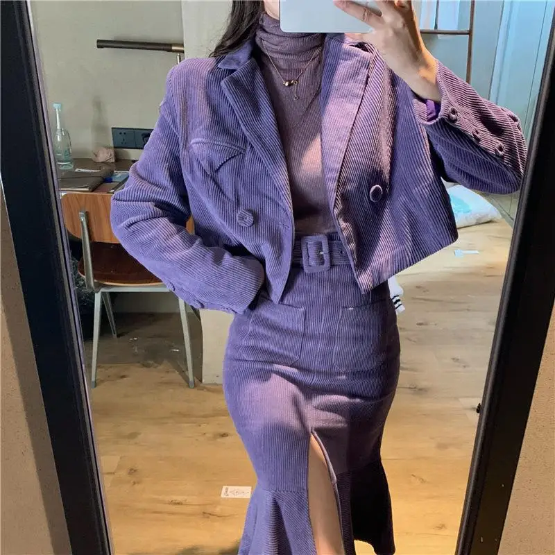 Set Di Abiti Viola A Due Pezzi Da Donna Blazer A Maniche Lunghe Casual + Gonna A Tromba Divisa Office Lady Spring Fall Solid Suit Coat Jacket
