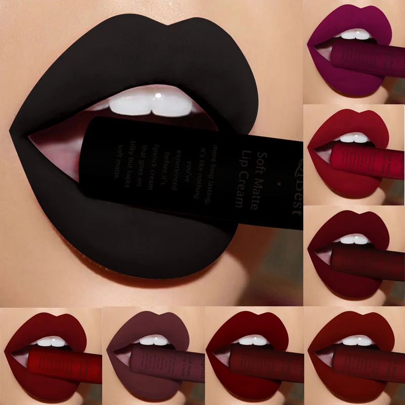 Qibest Waterproof Matte Nude Liquid Lipstick Pigment Dark Red Black Long Lasting Liquid Lipstick Women Makeup Lipgloss Lip Tint