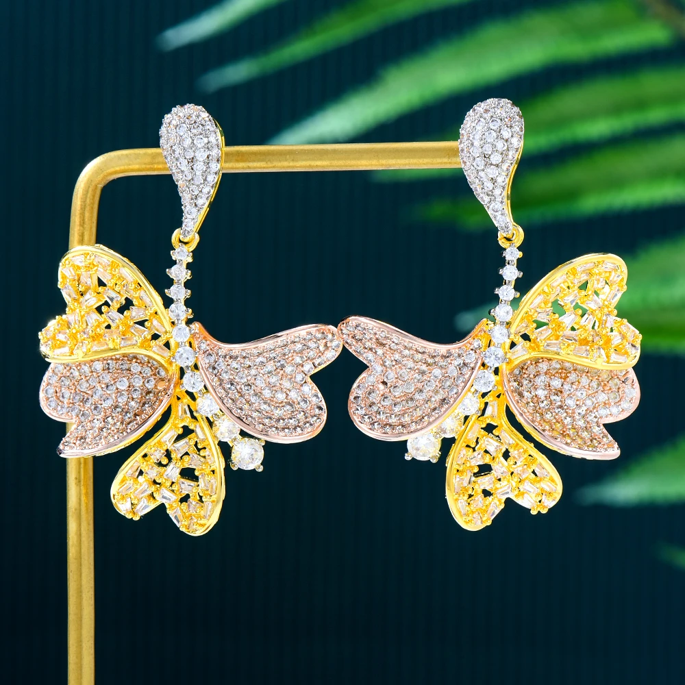 Godki Orecchini Fiori Tricolore Per Donna Festa Di Nozze Dubai Gioielli Da Sposa Boucle D'Oreille Femme Gioielli Regalo