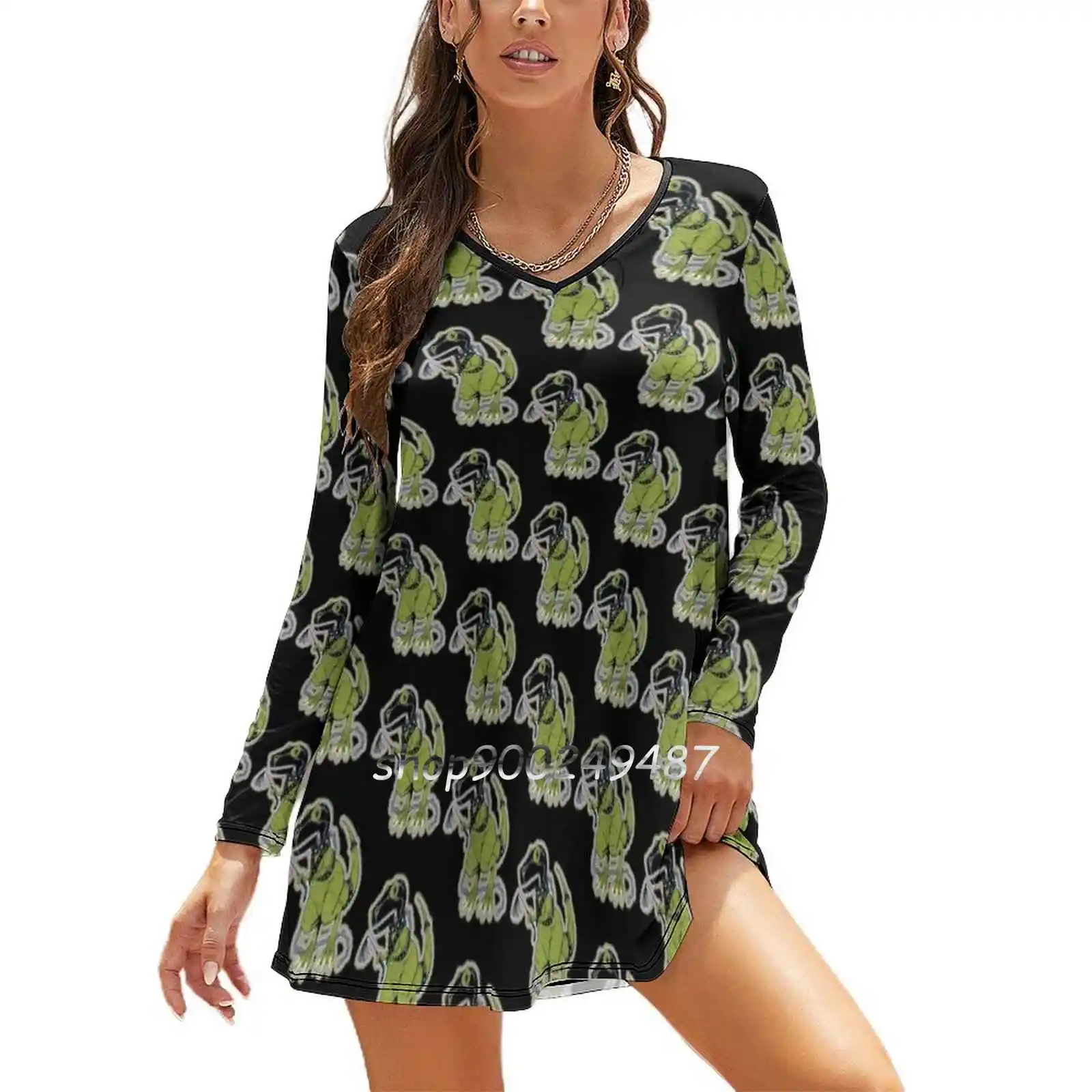 Rex The Tyrannosaur-Dinos! Elegant Party Women Dress Slim V Neck Long Sleeve Dress Casual Dresses Dinosaur
