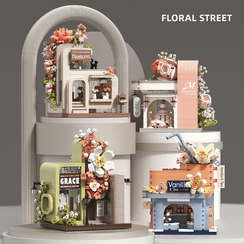 Creativo Romantico Fiore Street View Building Brick City Milk Tea Homestay Coffee Wedding Shop Architettura Mini Block Toys