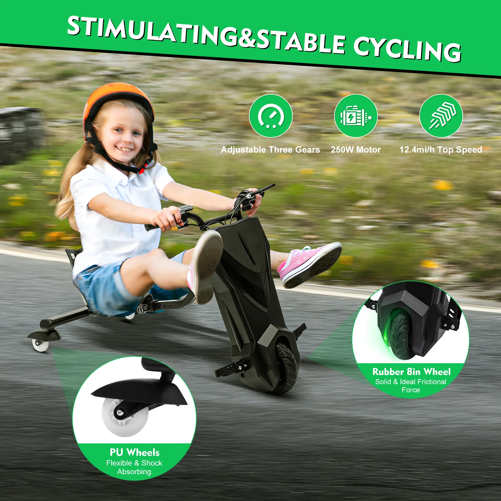 Drift Scooter 360 ° Kinder E-Scooter Drifting Gokart Drifter Dreirad Trike 250W Per Bambini E Adulti