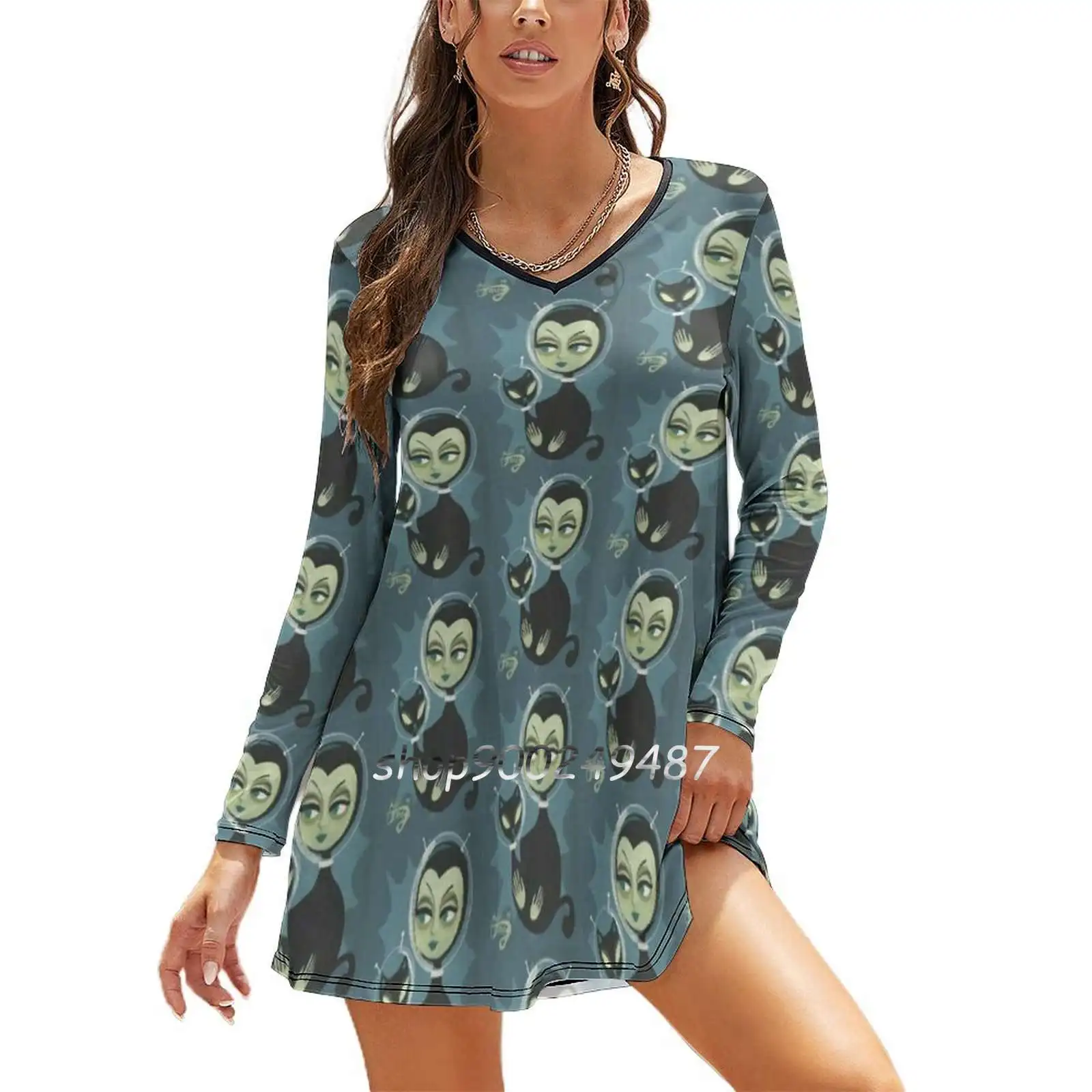 Martian Beauty Women Spring Autumn Long Sleeve Dress Female Casual Dress Retro Space Mars Martian Pinup Girl Futuristic Cat