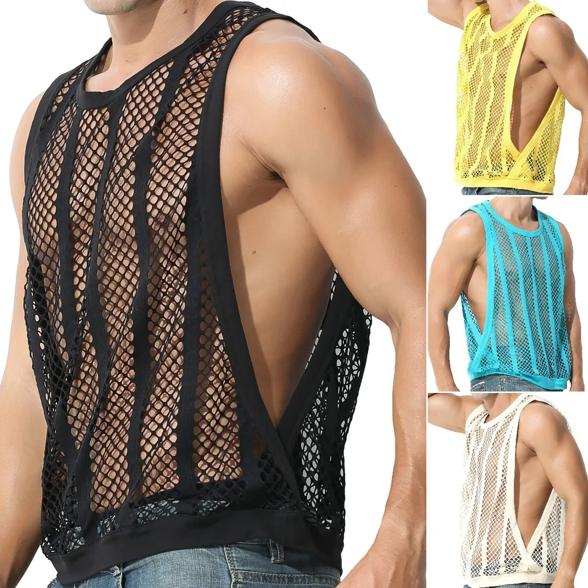 Maglia Da Uomo A Rete Aderente Senza Maniche Muscle Top Uomo Canotte Canottiere Sexy Sheer Hollow Vest See Through T Shirt Tee Canotta