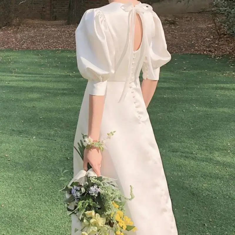Classico O-Collo Sukienki Na Wesele Damskie 2023 New Satin Robe De Mariee Con Maniche A Sbuffo Semplice Lunghezza Del Pavimento Vestiti Da Sposa