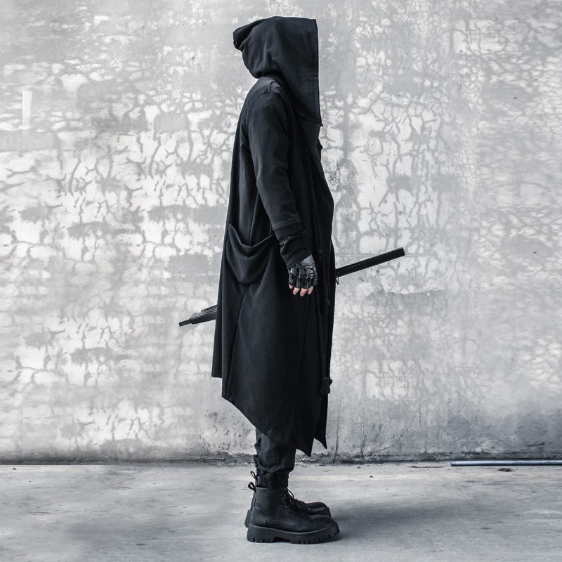 Autunno Scuro Plus-Size Trench Da Uomo Stile Yamamoto Cappotto Lungo Mantello Mantello Con Cappuccio Da Mago Cappotto Uomo