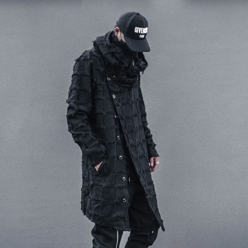Autunno Nero Plaid Nappa Asimmetrico Scuro Stile Yamamoto Sciarpa Dolcevita Di Media Lunghezza Con Cappello Trench Per Uomo