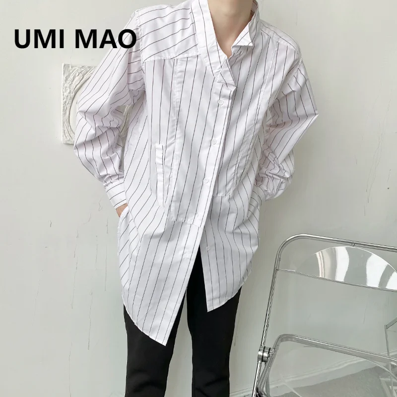 Umi Mao Yamamoto Dark Top Spring Fashion New Men Women Small Style Designer Retro Stripe Camicia Asimmetrica Stile Pigro