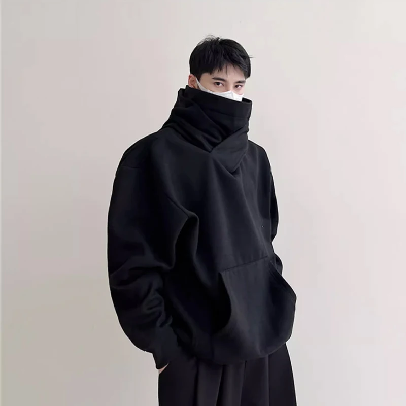 Maglione Dolcevita Stile Meccanico Scuro Da Uomo Foderato In Pile Addensato Stile Yamamoto Cappotto Nero Guerriero Con Cappuccio