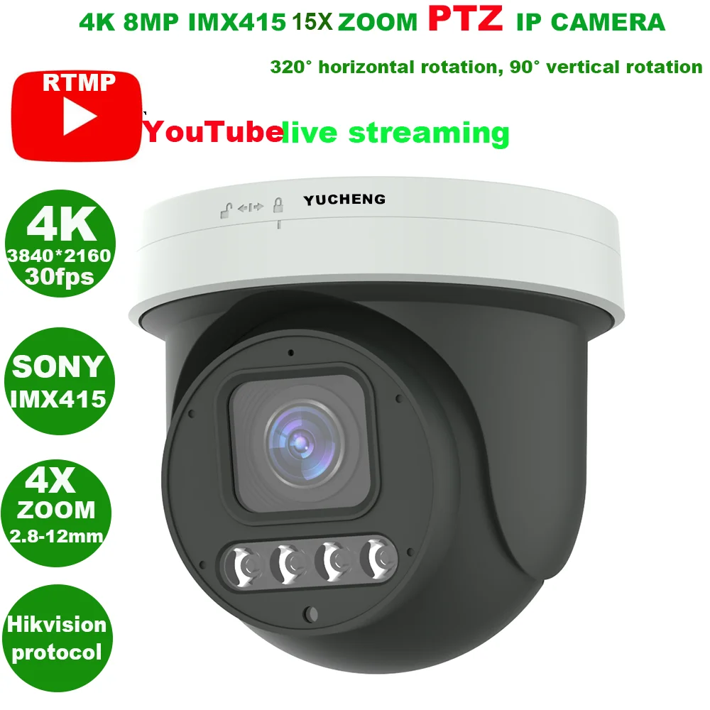 15X Zoom 4K 8Mp 30Fps Poe Youtube Live Streaming Human Auto Trackingptz Ip Camera Rtmp Protocollo Hikvision 256Sd Tf Card 30M Ir