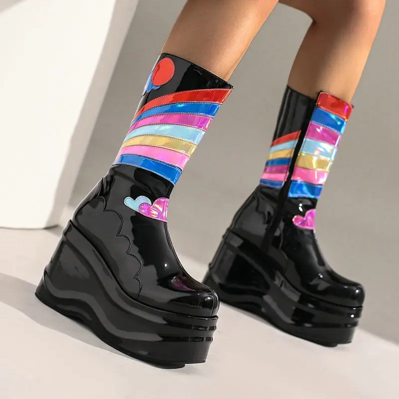 Rainbow Design Colorful Stripe Pattern Pu Patent Leather Winter Punk Warm Shoes Platform Wedges High Heels Mid-Calf Women Boots