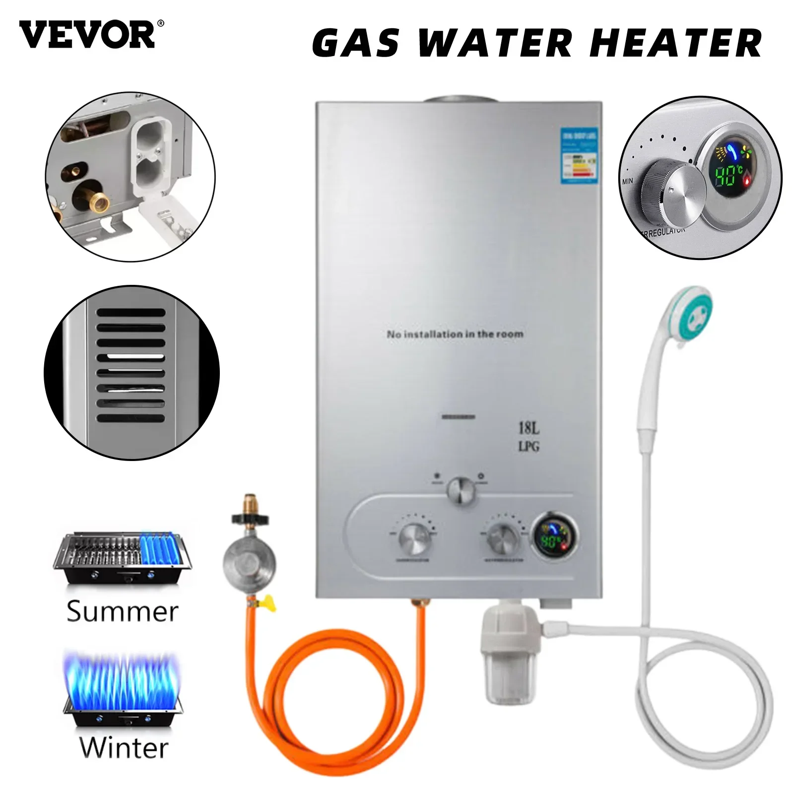 Vevor 6L 8L 10L 12L 16L 18L Gpl Scaldabagno A Gas Gpl Scaldabagno A Gas Senza Serbatoio Istantaneo Domestico Senza Serbatoio