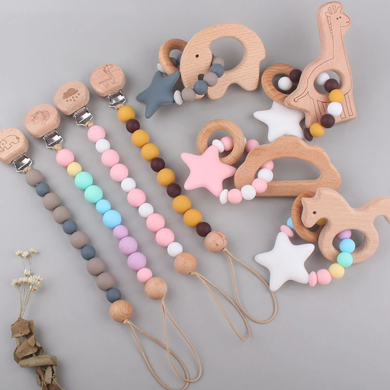 Baby Rattle Bracelet Massaggiagengive Ciuccio Clip A Catena Neonati Bracciale Massaggiagengive In Legno Infermieristica Giocattoli Da Masticare Capezz