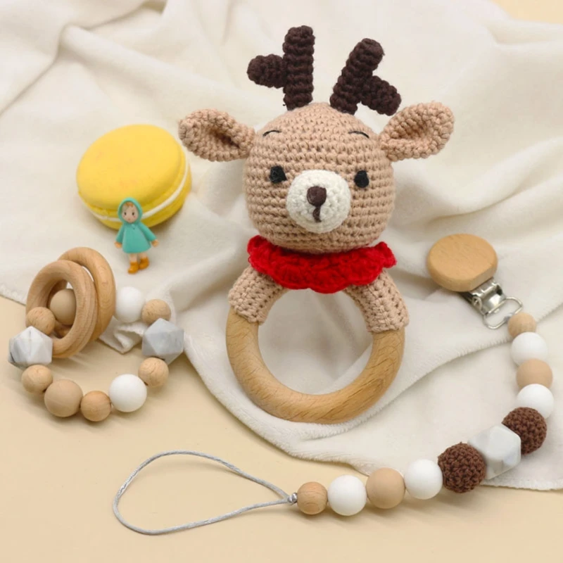 Clip Per Ciuccio Per Bambini Supporto Per Catena Fittizia Bracciale Per Dentizione In Legno Giocattolo All'Uncinetto Sonaglio Succhietto Molare Neonat