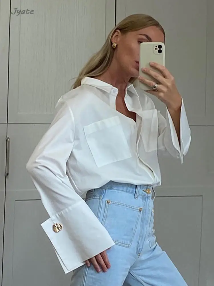 Jyate Fashion Woman Blouses 2023 Elegant Lapel Long Sleeve Office Lady Shirts Casual Loose White Pockets Tops Female Clothing