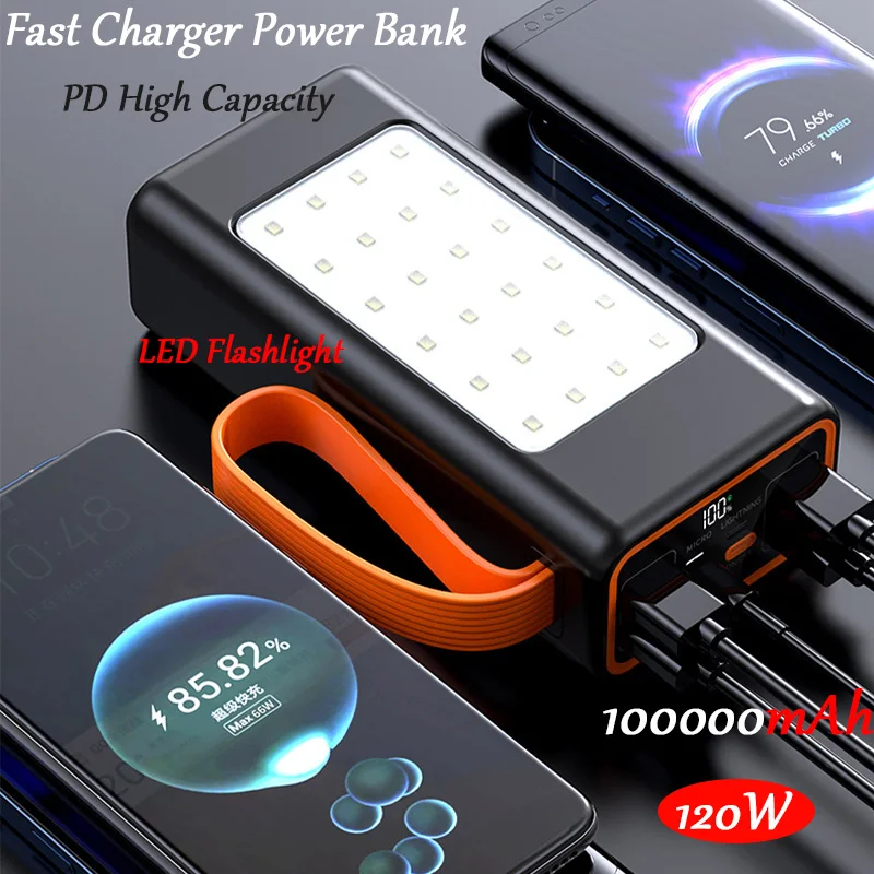 100000Mah Pd Ad Alta Capacità Nuovo Power Bank 120W Caricabatterie Rapido Power Bank Per Xiaomi Iphone Laptop Batteria Led Torcia Campeggio