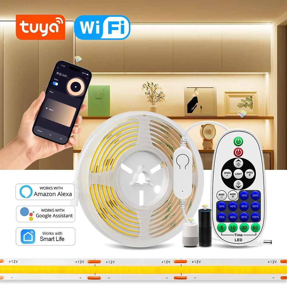 Tuya Wifi Cob Led Strip Light 320 Led Flessibile Ad Alta Densità Fob Led Light Ra90 Warm Nature Cool White 12V Funziona Con Alexa Google