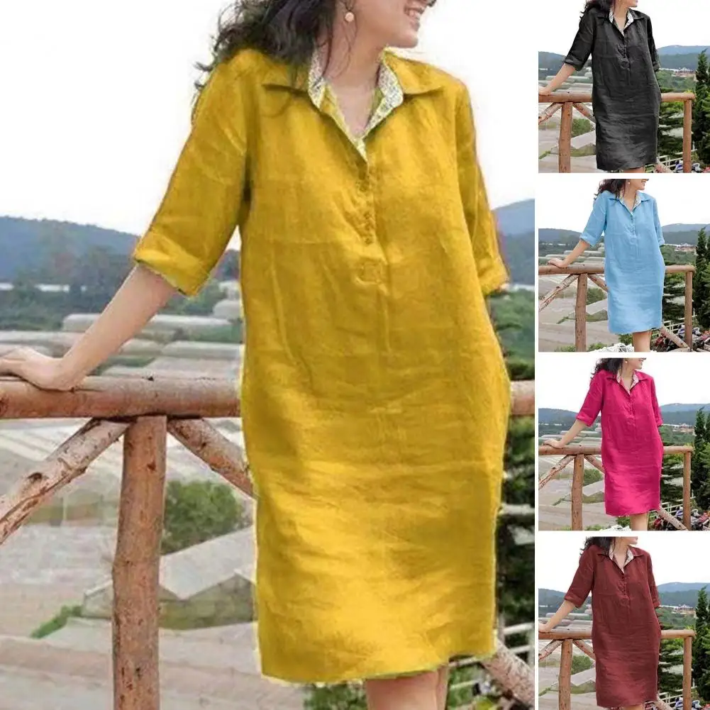 M-5Xl Cotone Lino Camicia Estiva Abito Bavero Scollo A V Bottoni Scollo Mezza Manica Tinta Unita Casual Elegante Abito Donna Vestidos