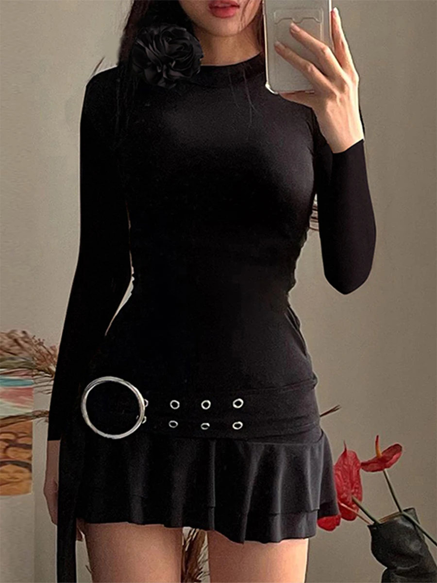New Fashion Womens Black Short Party Dresses Manica Lunga Girocollo 3D Flower Decorato Abito Plissettato Con Cintura Vendita Calda S M L