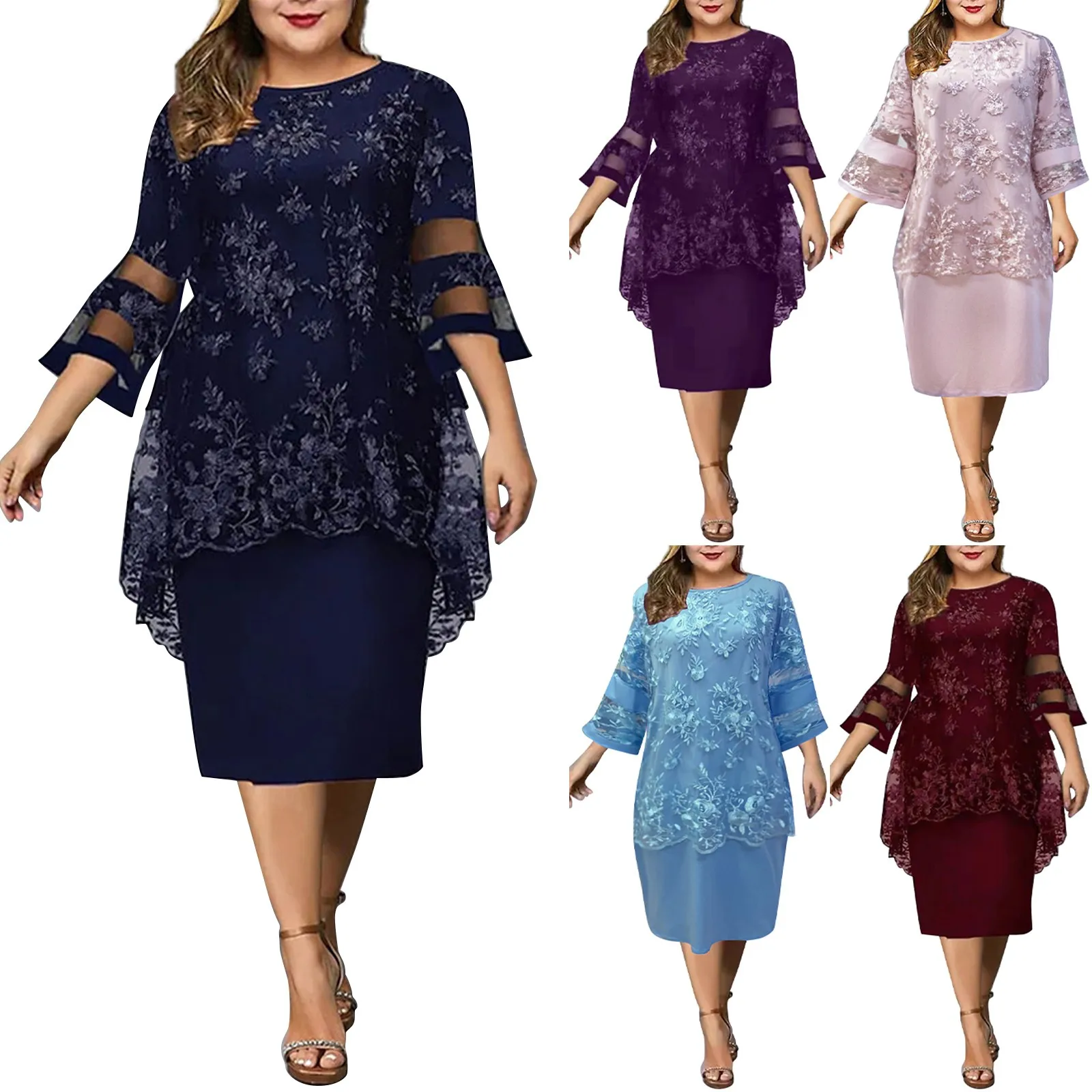 2023 Donne Plus Size Dress O-Collo Midi Abito Allentato M-5Xl Lady Evening Lace Mesh Sexy Abito Elegante Abbigliamento Femminile Estate Autunno