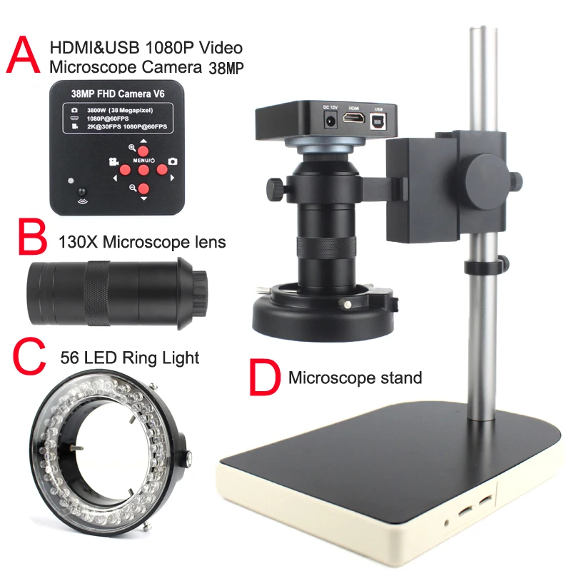 1080P Hdmi Vga Microscopio Digitale Per Saldatura Elettronica 130X 38Mp Fotocamera Per Microscopio Usb Led Ring Light Riparazione Professionale
