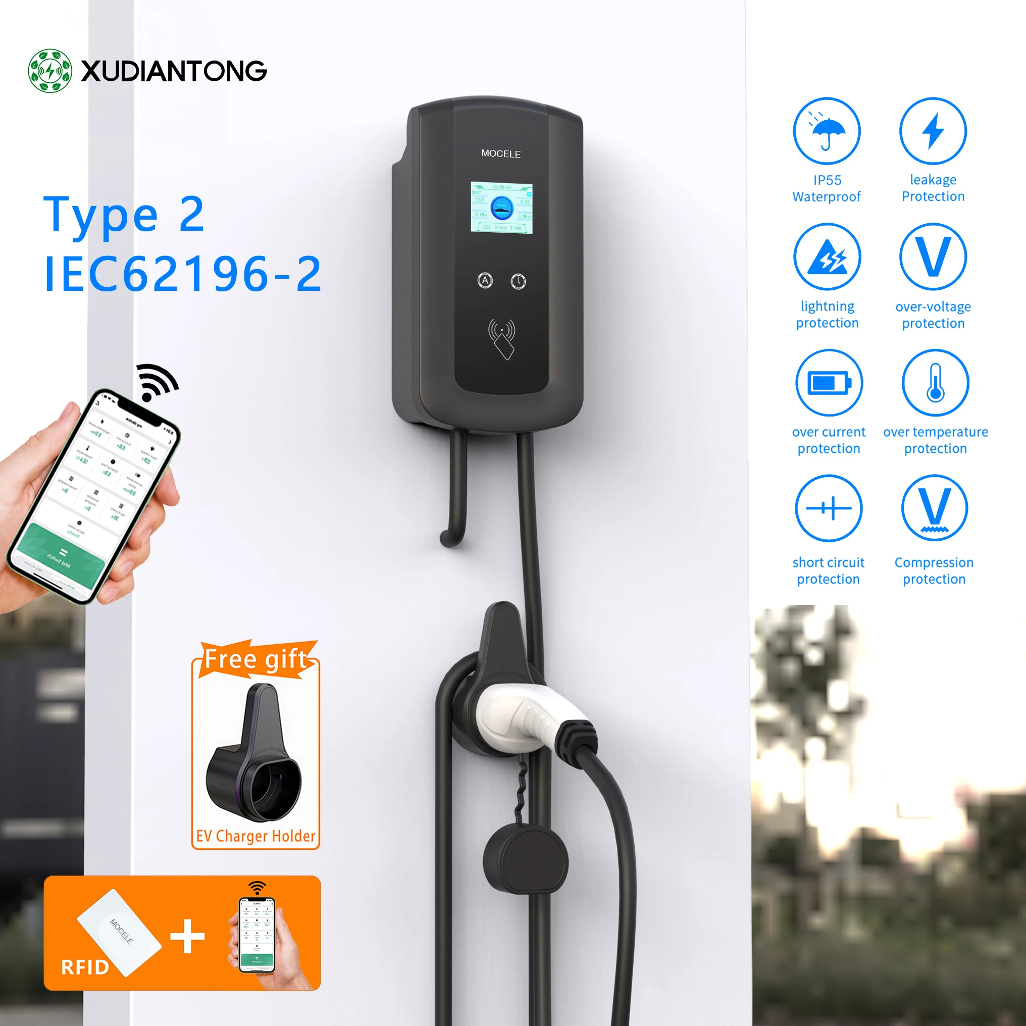 32A Ev Stazione Di Ricarica Caricabatteria Per Auto Per Veicoli Elettrici Evse Wallbox Wallmount Type2 Cable App Control 7/11/22 Kw Per Byd Nissan