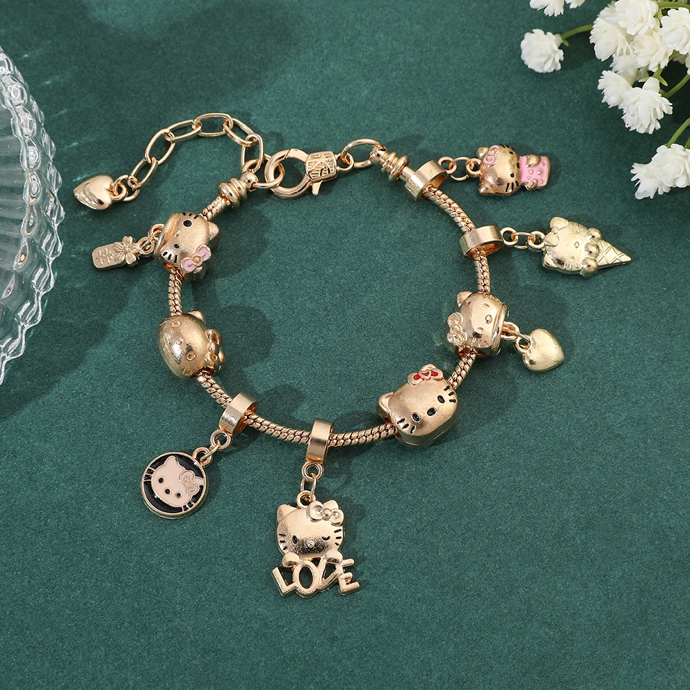 Colore Oro Hello Kitty Charms Bracciali Kawaii Sanrio Anime Figure Beads Ciondolo Catene A Mano Moda Donna Braccialetti Accessori