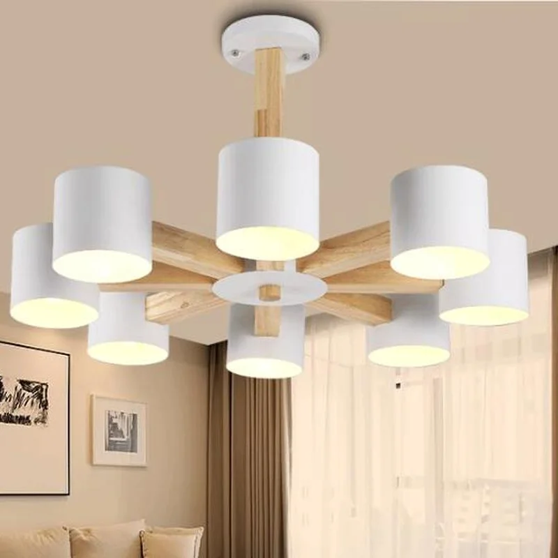 Nordic Lampadario E27 Con Paralume Ferro Per Soggiorno Apparecchi Di Illuminazione Sospensione Lamparas Colgantes Legno Lustre