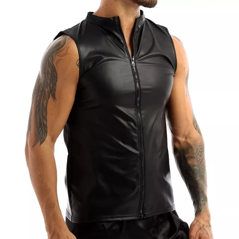 Mens Front Zipper Tank Sexy Clubwear Men Patent Leather Sleevesless Vest Clubwear Undershirt Pu T-Shirt Tops Men Plus Size 5Xl