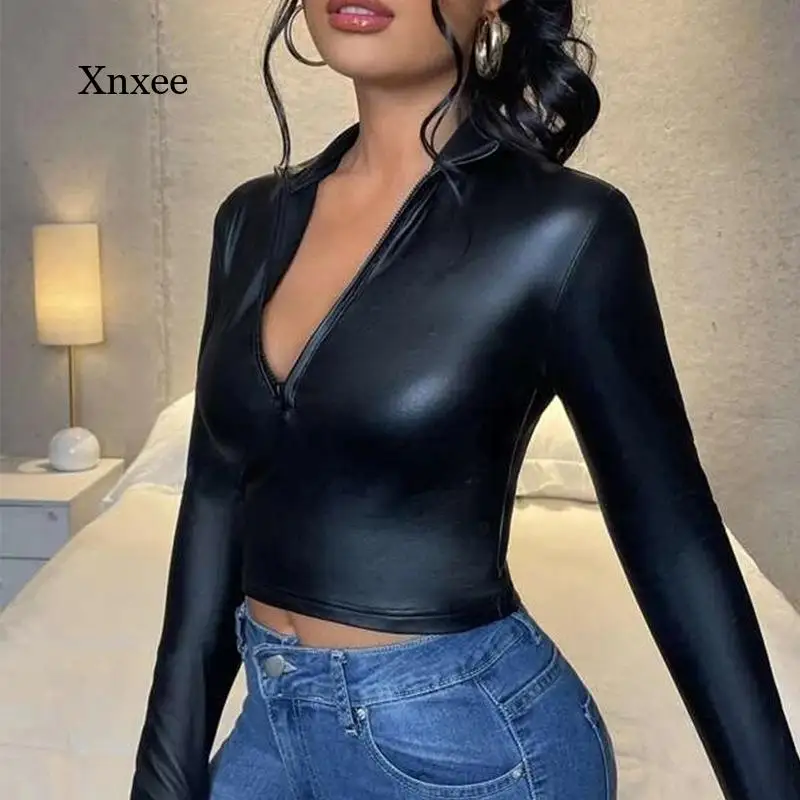 Top Corto Con Cerniera Scollo A V Sexy Giacche Corte In Pelle Pu Camicia A Maniche Lunghe Da Donna Pullover In Ecopelle Slim Fit Abbigliamento Moda