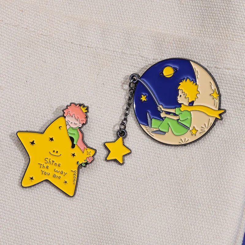Cartoon Prince Star Charm Whale Fox Spilla Fox Moon Smalto Rose Flower Badge Pins Donna Uomo Abbigliamento Spille Accessori Denim