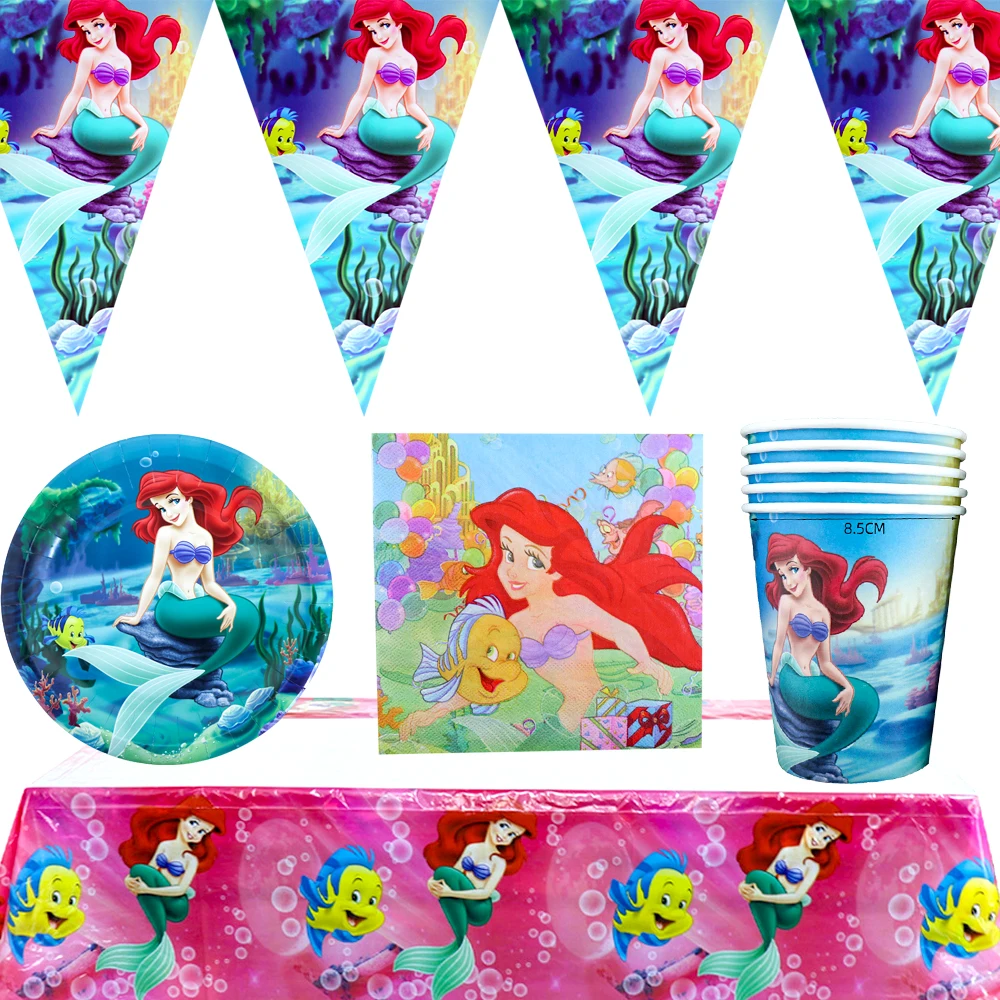 51 Pz/Lotto Little Mermaid Tema Copritavolo Banner Happy Birthday Party Bandiere Tovaglioli Piatti Tazze Decorazione Tovaglia Forniture