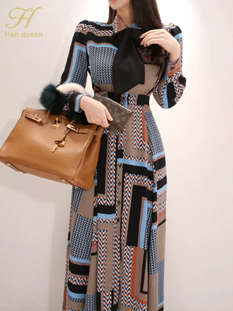 H Han Queen Vintage Print Elegante Abito Lungo Donna Primavera Monopetto Camicia Abiti Vita Swing Abiti Alla Caviglia