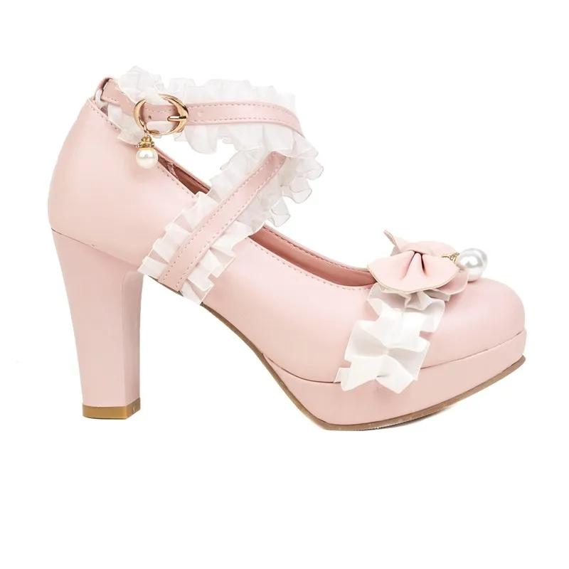 Super High Heeled Sweet Lolita Style Cosplay Princess Shoes Girls Lovely Bow Tie Lace Ruffle Cross Strap Women Pumps Pink White