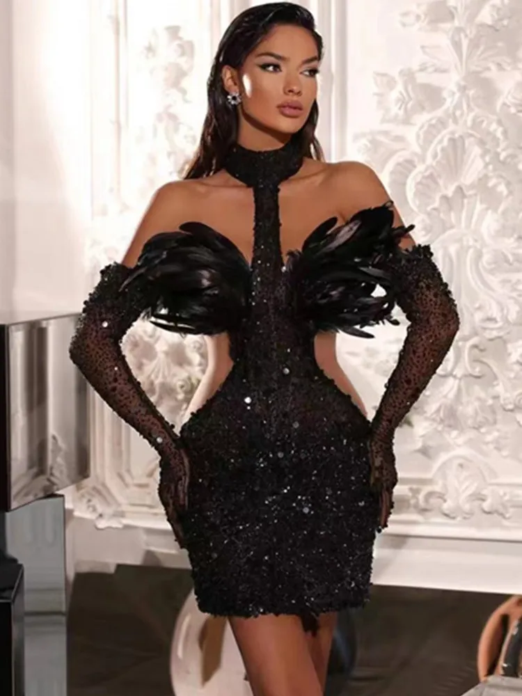 Abito Da Festa Di Lusso Da Donna Con Guanti Lunghi Chic Piume Nere Bustier Cut Out Paillettes Glitter Bodycon Mini Abiti Da Sera