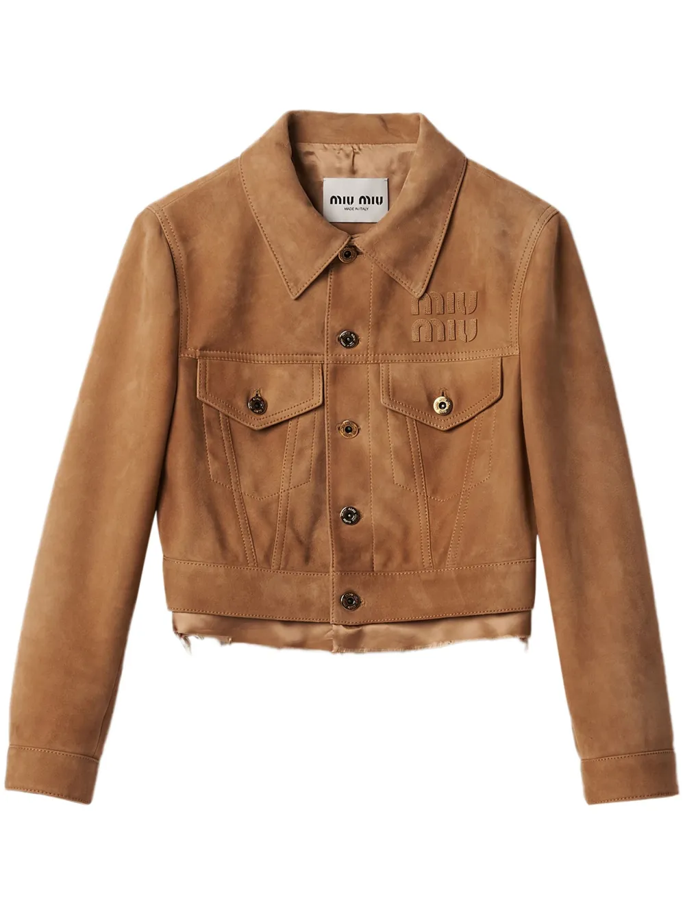 Miu Miu logo-appliqué suede jacket - Marrone