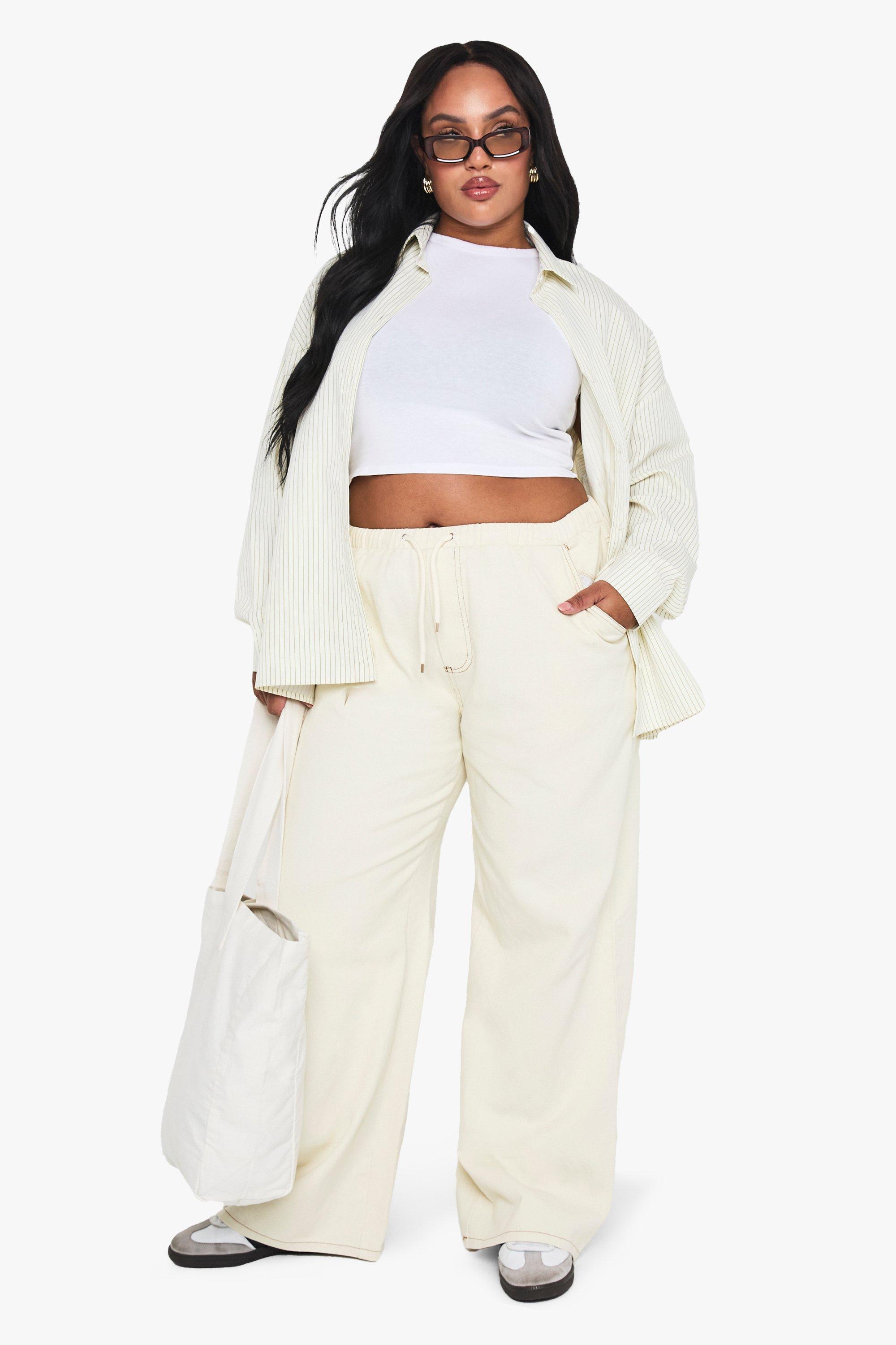 Plus Drawstring Wide Leg Jeans, Cream