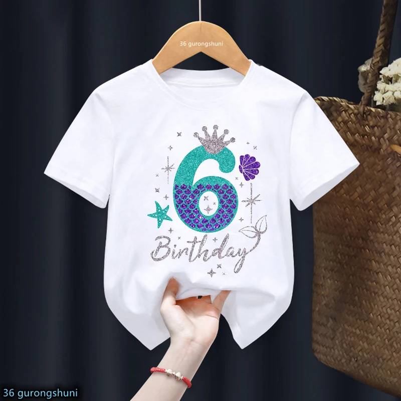 Cute Kids Clothes 6Th Birthday Gift For Girls T Shirt Mermaid Princess Crown Print Tshirt Harajuku Kawaii Clothes T-Shirt Bianca