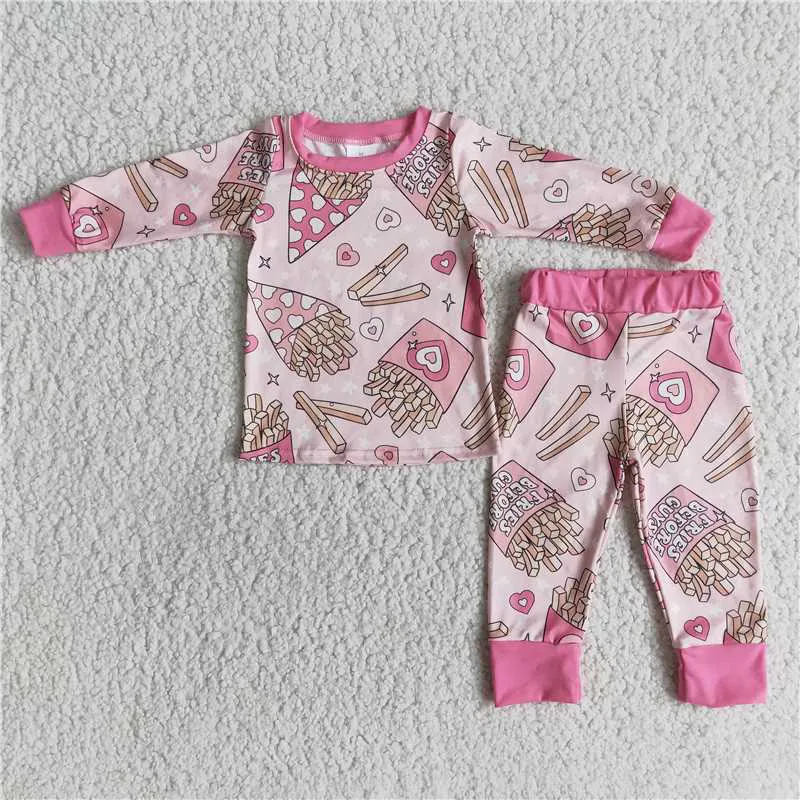 Vendita Calda Neonate Patatine Fritte Cuore Manica Lunga Pigiama Boutique Di San Valentino All'Ingrosso Abbigliamento Per Bambini Abiti Di Moda