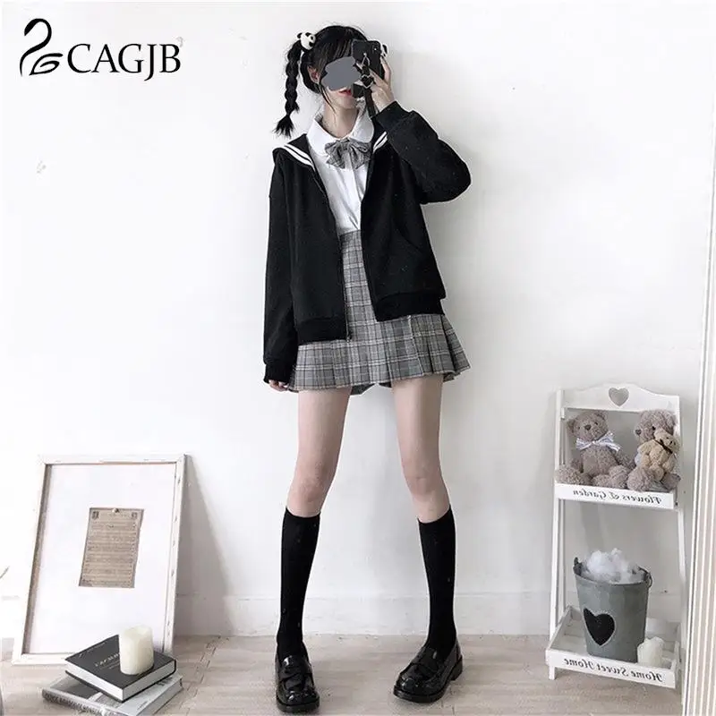 1 Pz Moda Felpa Oversize Kawaii Nero Zip Up Felpa Con Cappuccio Donna Colletto Marinaio Felpa Giapponese Streetwear